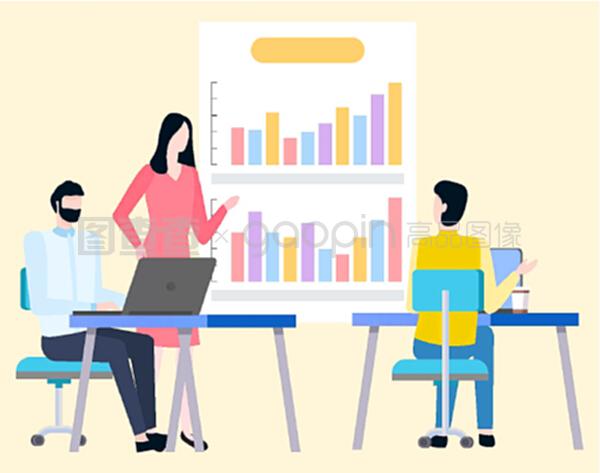 男女經(jīng)紀(jì)人分析交易并討論商業(yè)圖表上的銷售統(tǒng)計(jì)數(shù)據(jù)。矢量卡通人物和圖表。